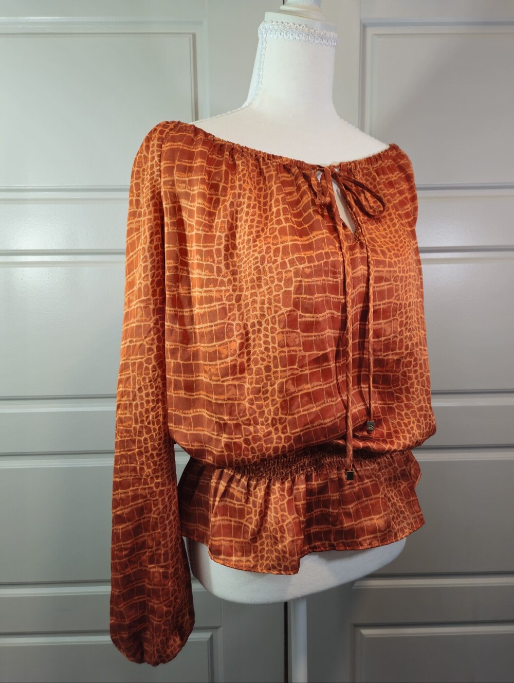Michael Kors Long Sleeve Rusty Orange Croc Print Tie Strings Elastic Waist Sm